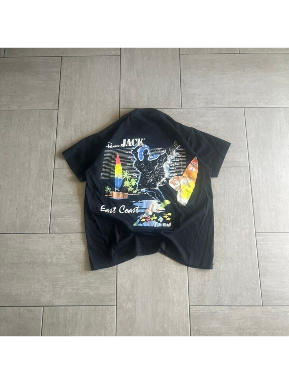 Vintage Panama Jack Black Graphic Surfboard T-Shirt Size XL